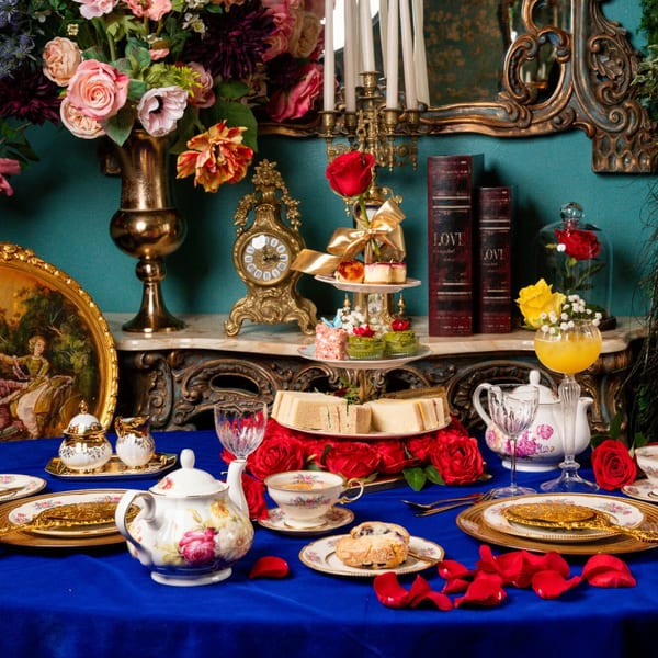 An opulent afternoon tea spread with sandwiches, pastries, and teacups on a royal blue tablecloth.