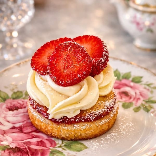 A strawberry shortcake with cream and sliced strawberries on a floral plate.