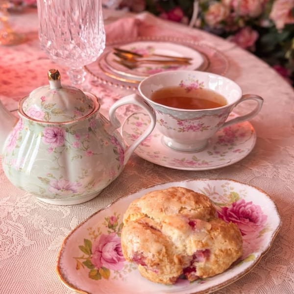 A floral teapot, teacup with tea, and scone on a pink lace tablecloth with flowers in the background.